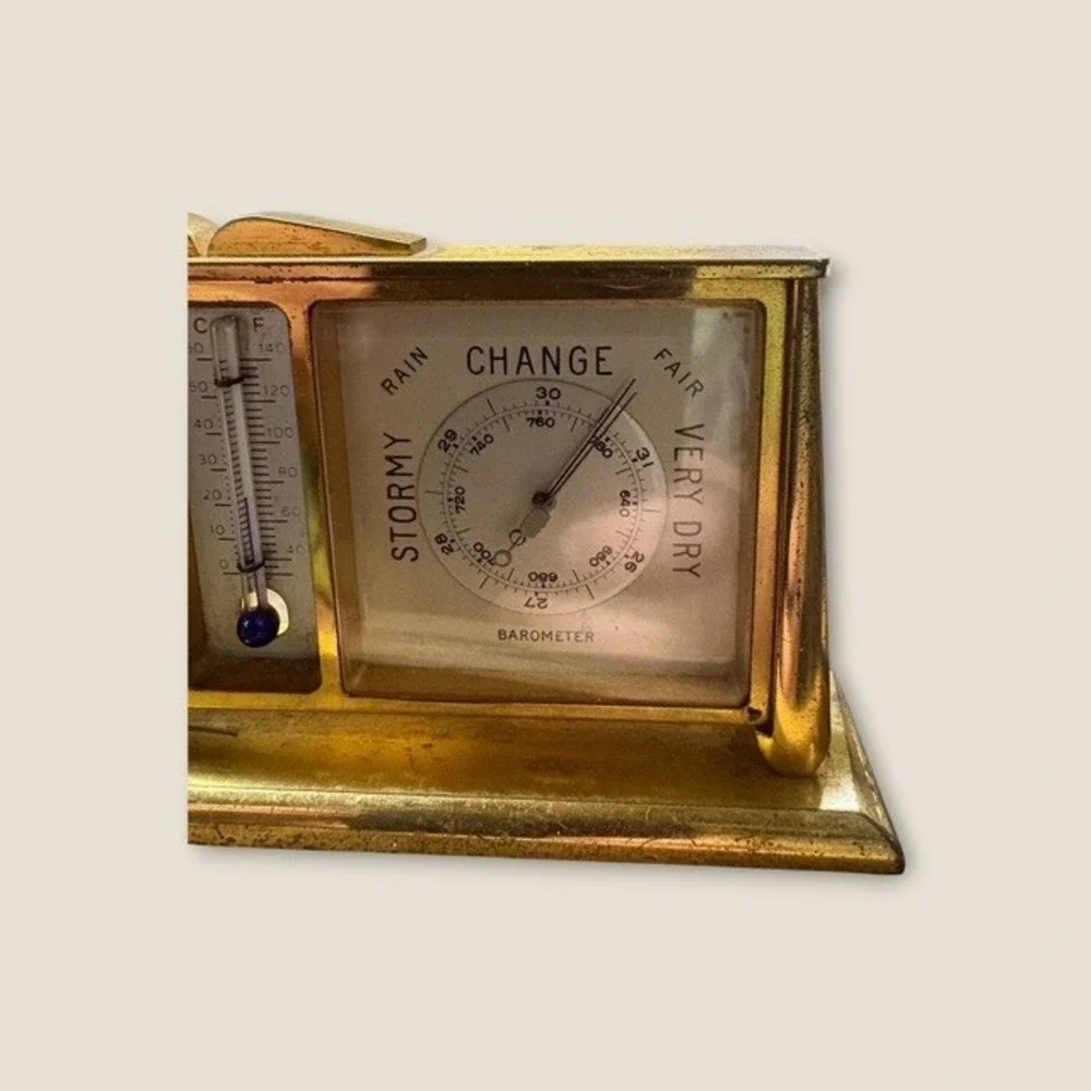 VTG Angelus Swiss Weather Station Moon Phase Clock Barometer Thermometer Brass